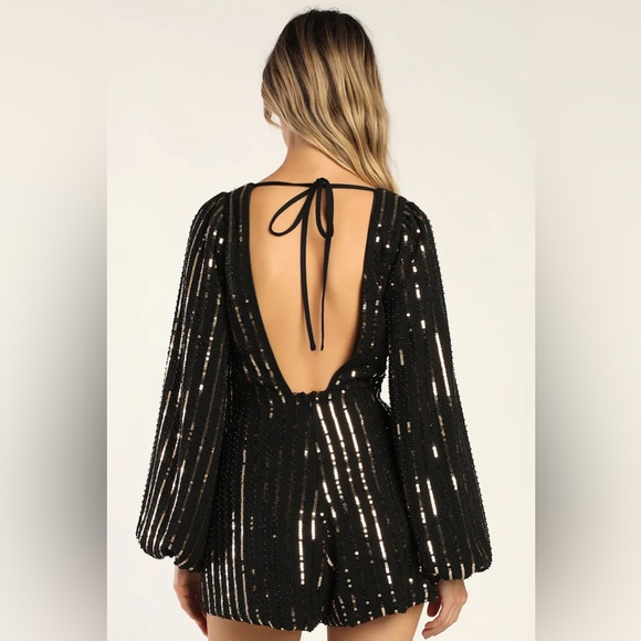 Lulus Always An Event Black and Gold Sequin Beaded Long Sleeve Romper NWOT - Picture 5 of 10